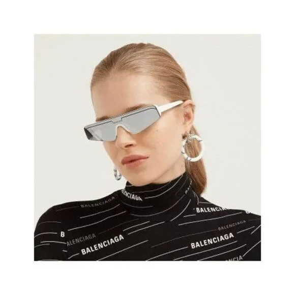 NEW Balenciaga BB0003S 002 White Silver Grey Mirrored Unisex Sunglasses